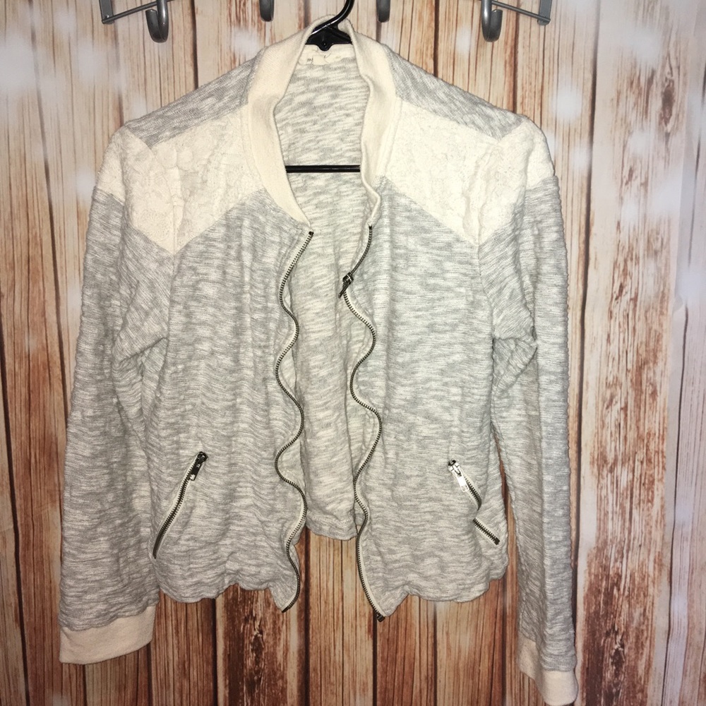 Gray and cream lace zip up